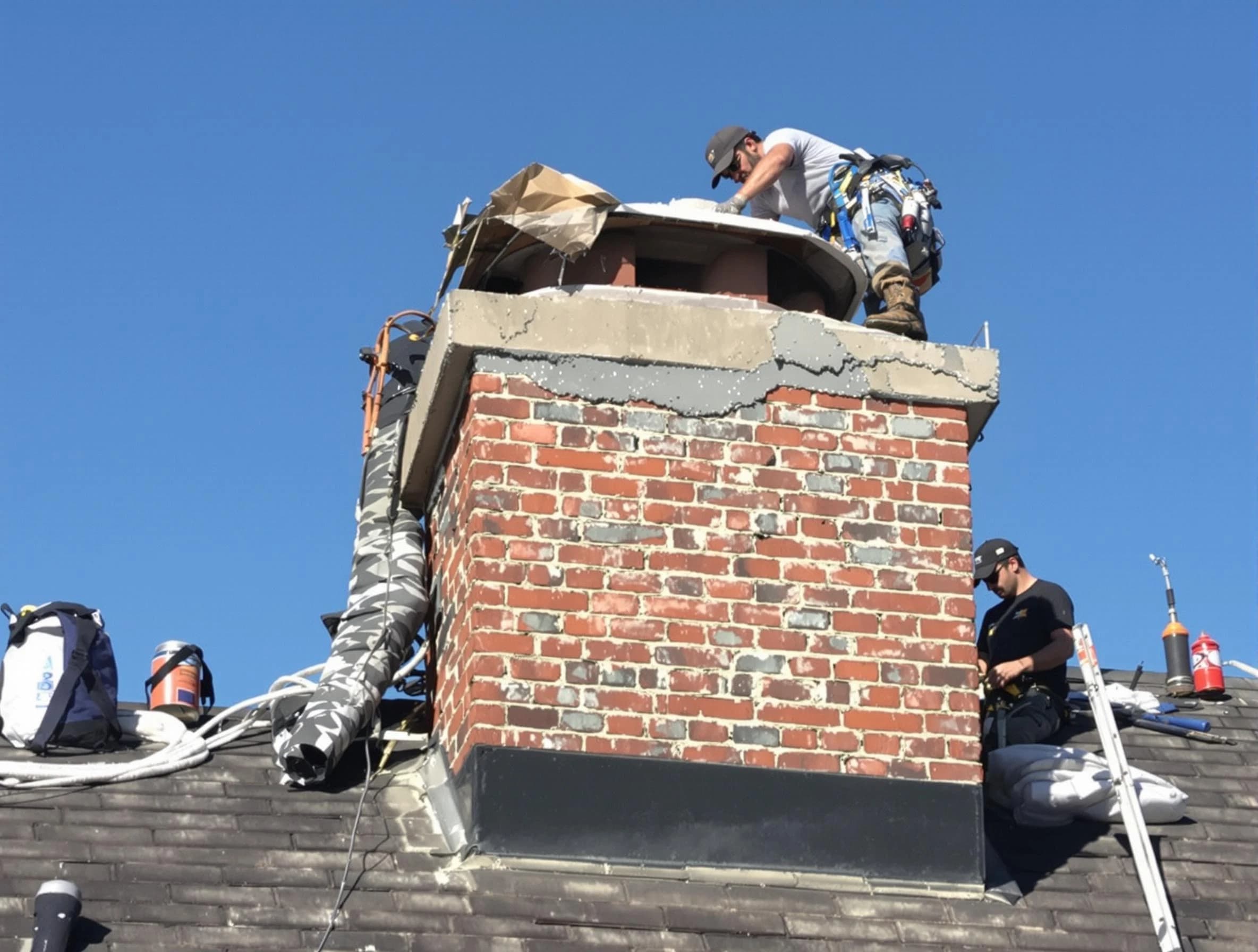 Lowell Chimney Sweep installing a custom chimney crown in Lowell, MA