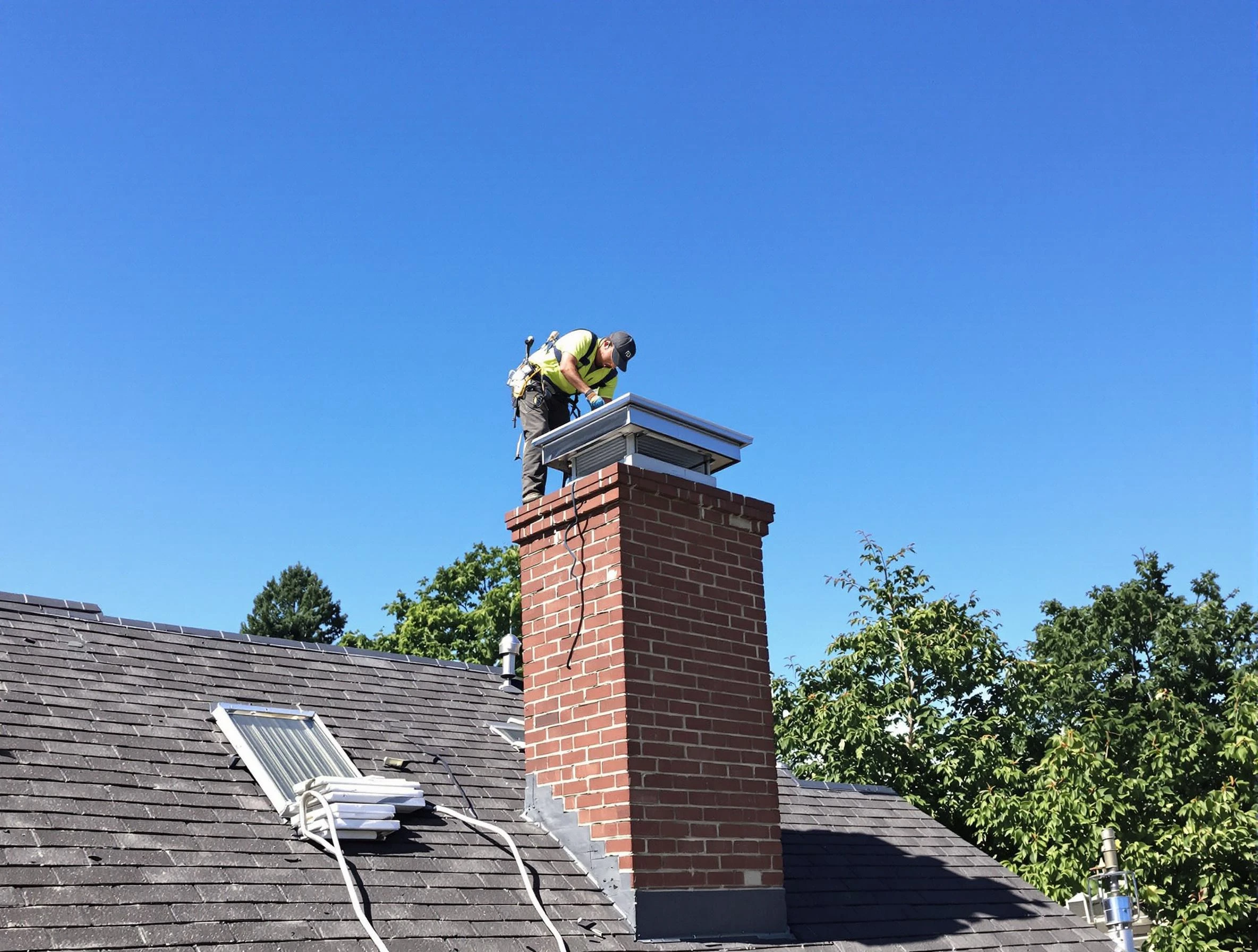 Lowell Chimney Sweep technician measuring a chimney cap in Lowell, MA